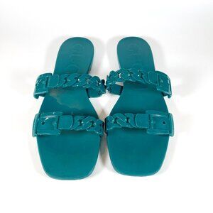Gucci Teena Rubber Chain Link Flat Jelly Sandal Slides in Dark Teal Size 38